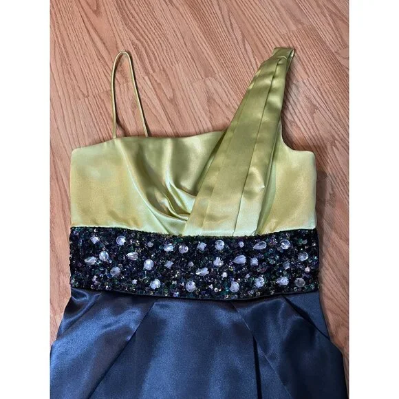 Tease‎ Me Womens One-Shoulder Green Black Satin Dress With Beaded Waist Size 9 - Picture 2 of 6